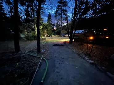 Dimly lit park path at dusk with trees, scattered lights, and a green hose in the foreground