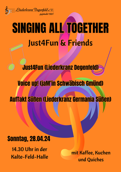 Singing All Together (Chornachmittag) mit den Chören Voice up! Schwäbisch Gmünd und AufTakt Süßen am Sonntag, 28.04.24 um 14.30 Uhr in der Kalte-Feld-Halle