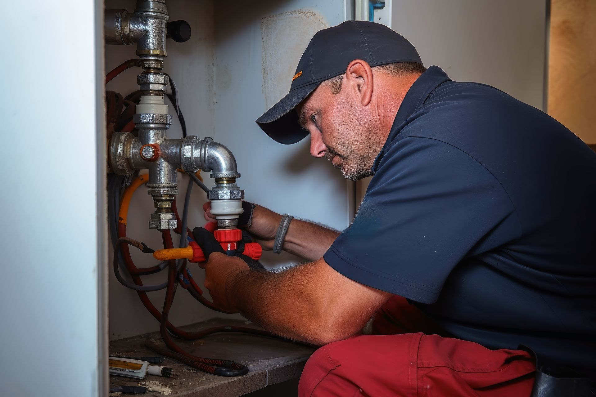 Plumber in a cap, working on pipes, wearing dark blue shirt and red pants, indoors.
