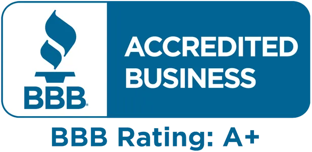 BBB Accredited Business logo with a blue rectangular background and white text, featuring an A+ rating below it.