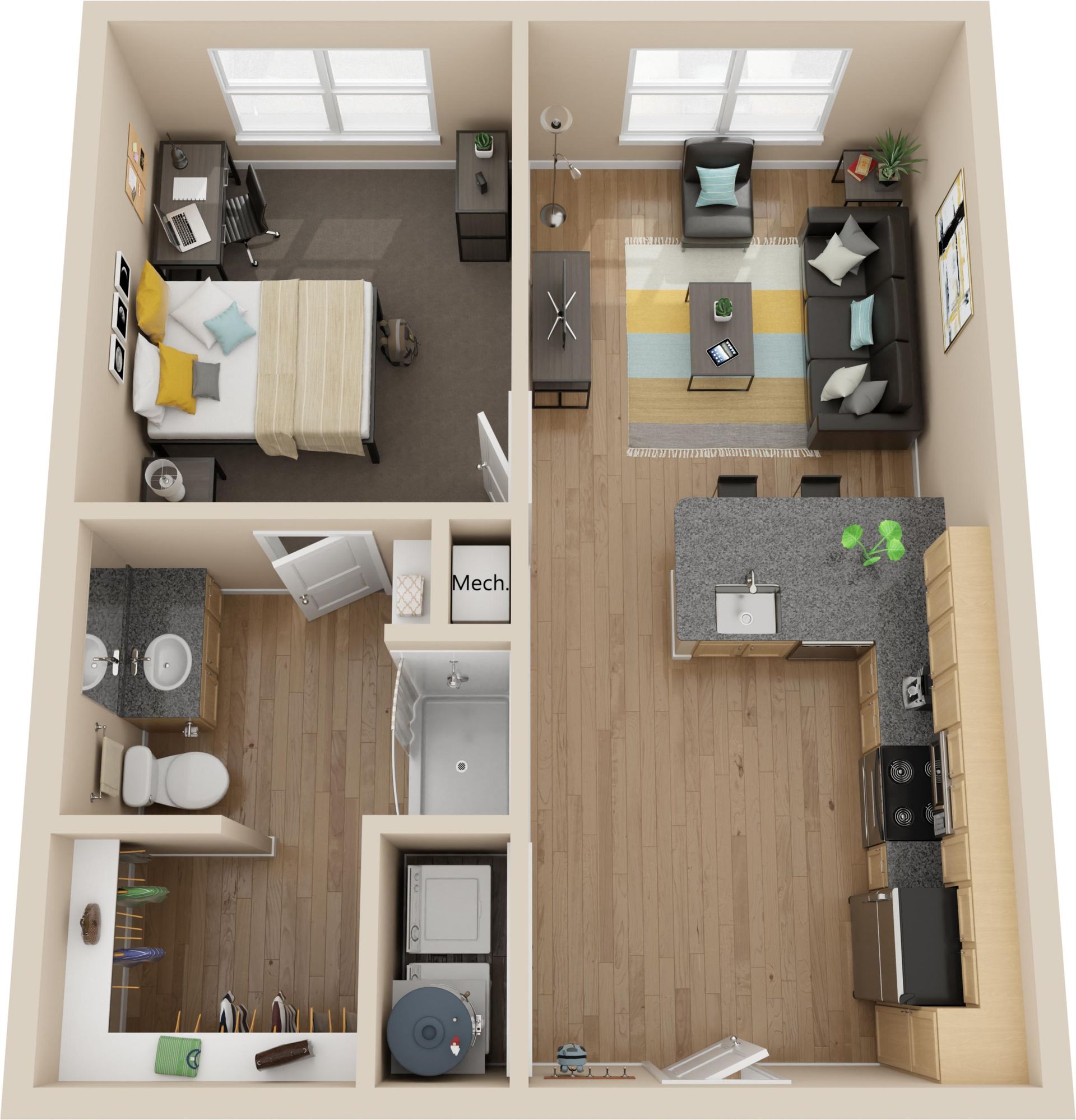 Top-down view of a studio apartment floor plan, showing bedroom, living area, kitchen, and bathroom.
