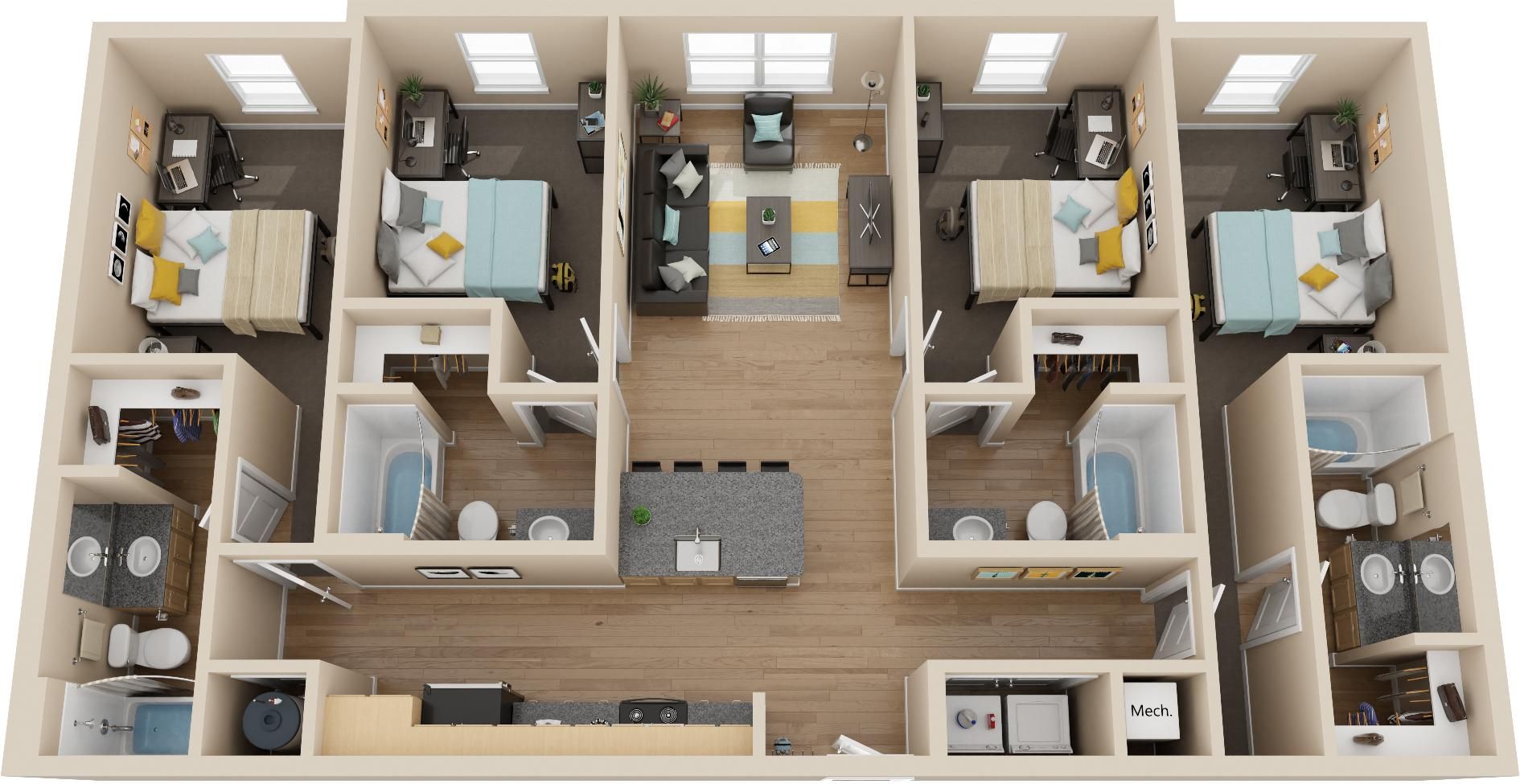 Floor plan of a four-bedroom apartment with two bathrooms, a living area, and kitchen.