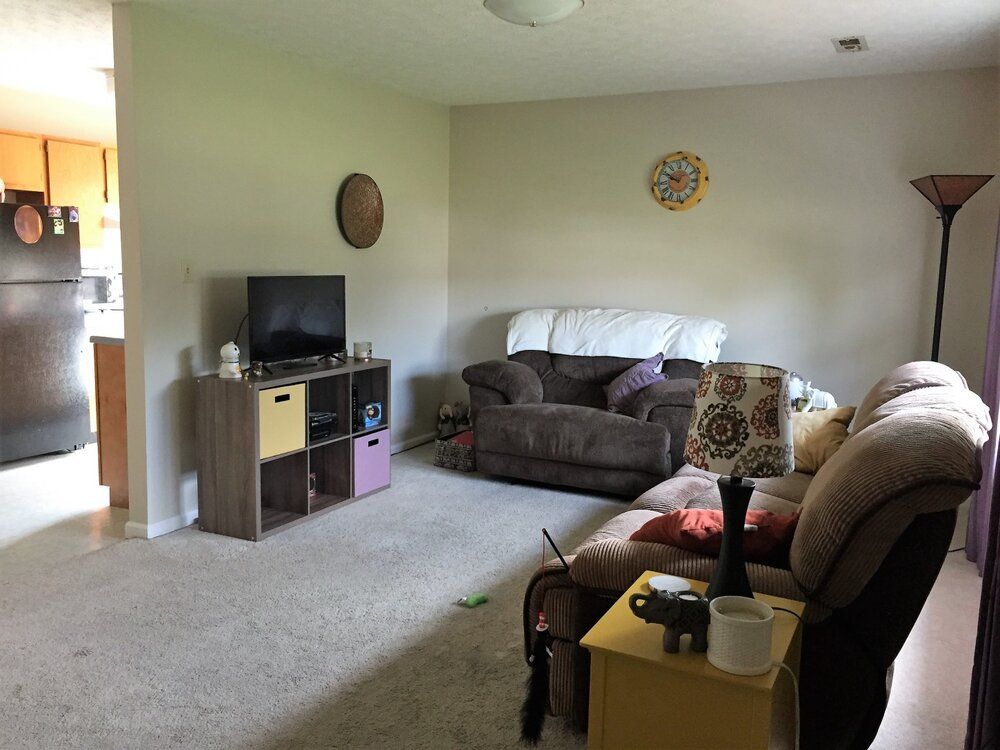 Living room with a TV, brown couches, and a side table; off-white walls and carpet; and a view into the kitchen.