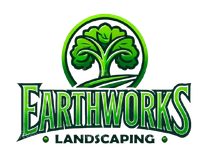 Logo for Earthworks Landscaping featuring a stylized green tree inside a circle above the company name in green text.