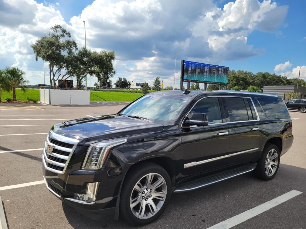 A black limousine is parked in front of a house