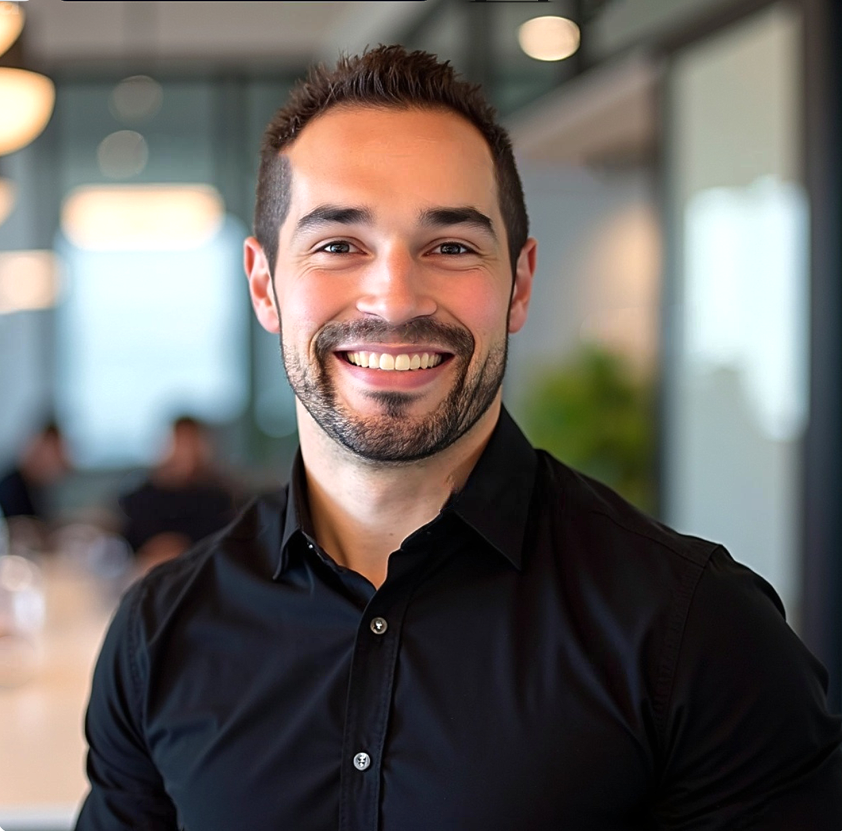 Smiling man in a black button-up shirt in an office setting.