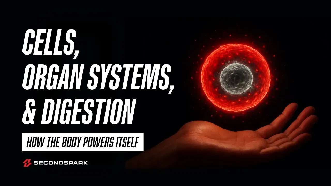 Hand holding a glowing cell graphic; text reads 