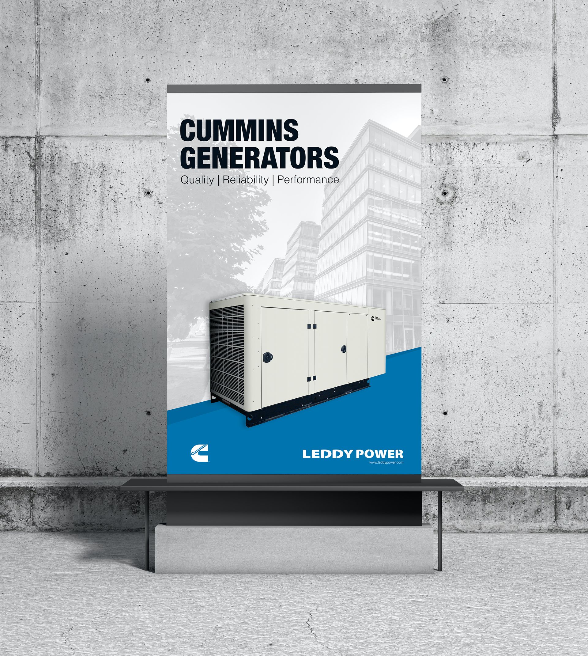 A poster for cummins generators is hanging on a concrete wall.