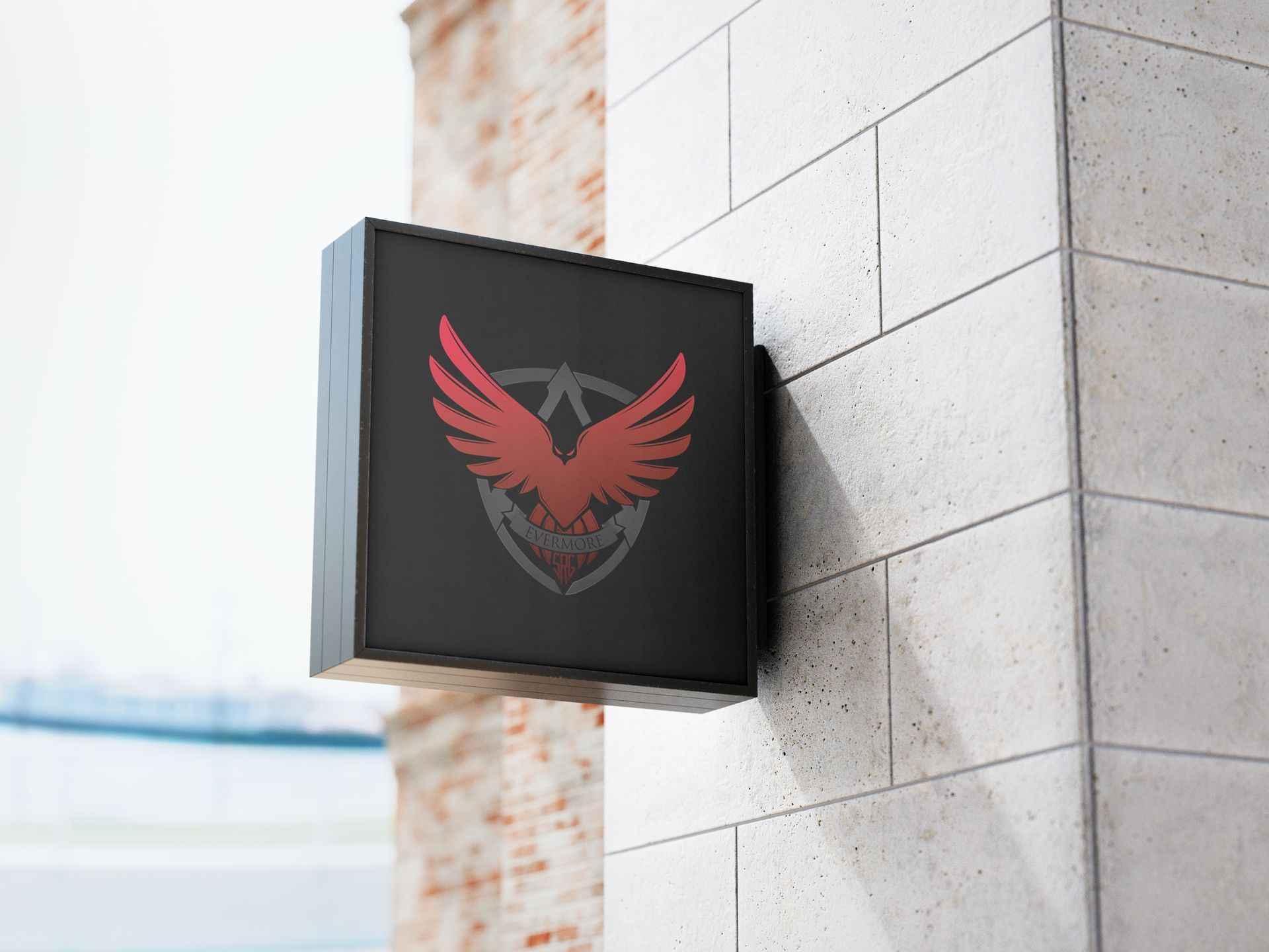A black sign with a red bird on it is hanging on a brick wall.