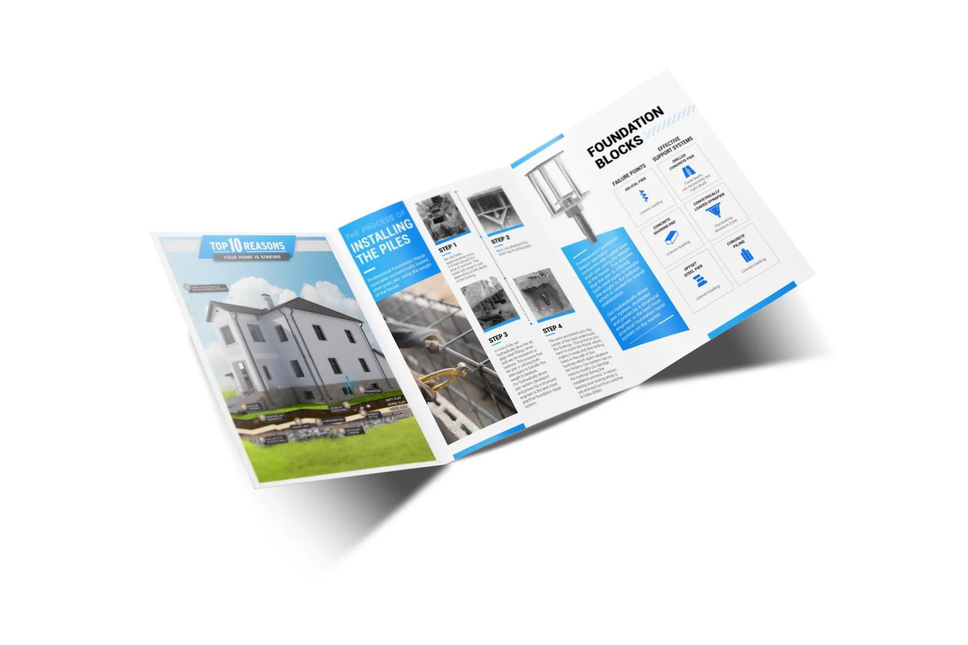 A trifold brochure showcasing construction services. Building, images of construction, and blue accent.
