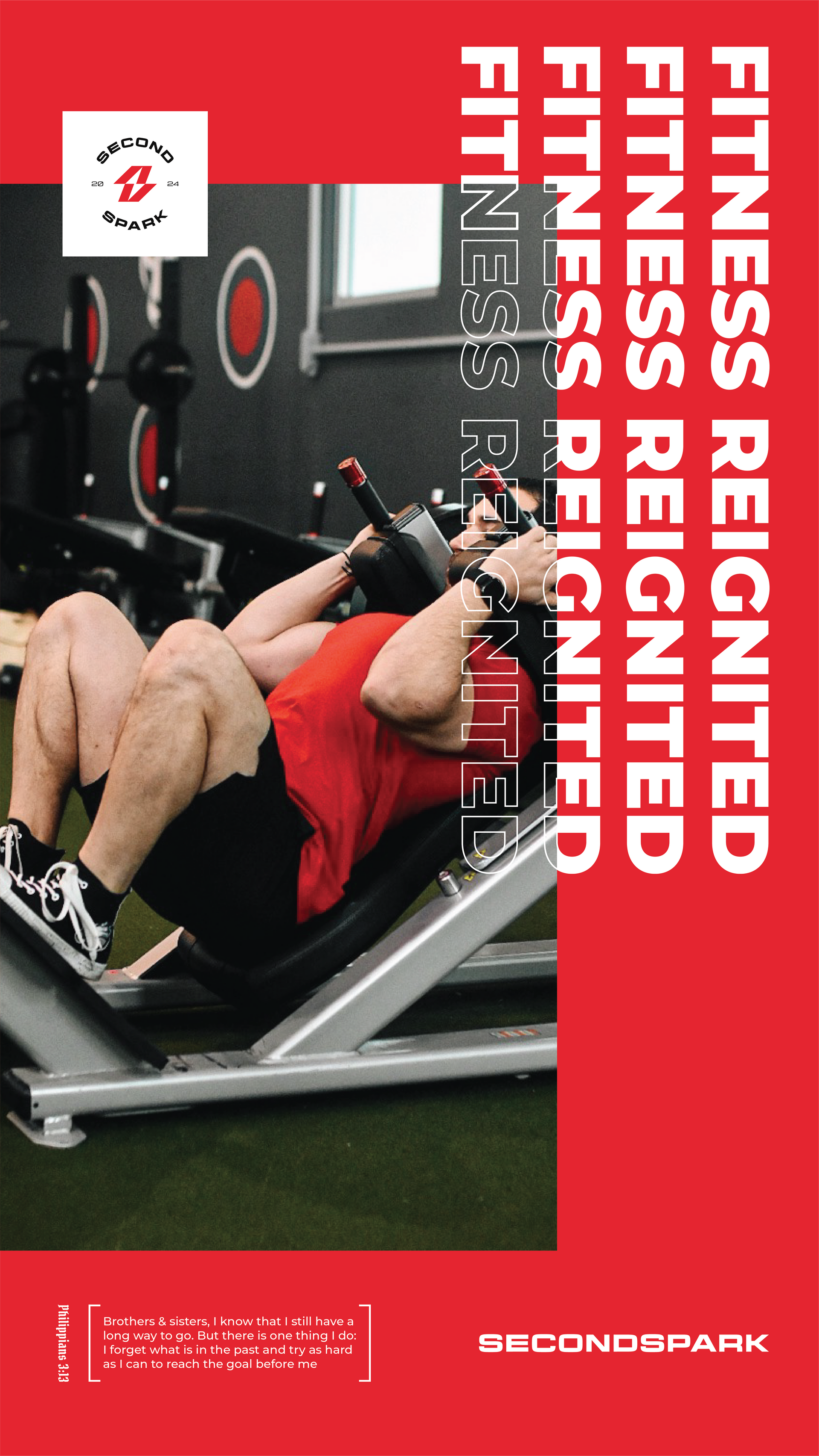 Man doing leg press at gym. Red and white text: 