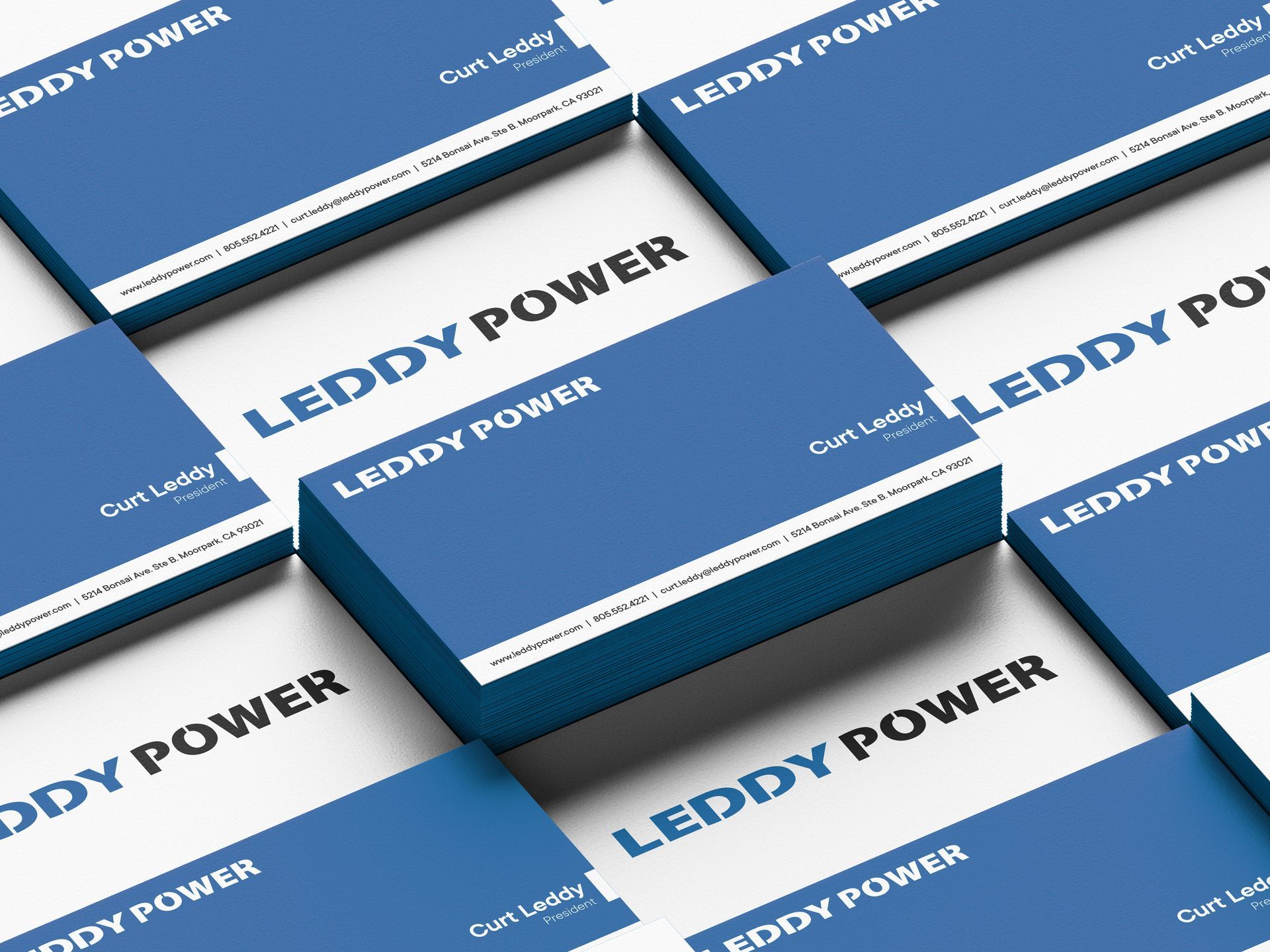 Blue business cards with the 