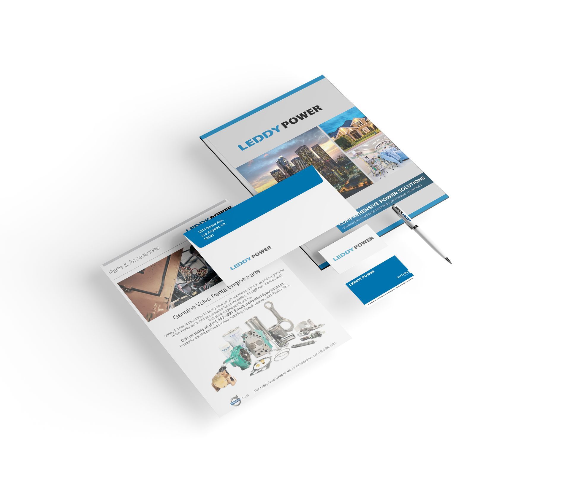 Brochures, business cards, and a letter with a blue and white corporate design.