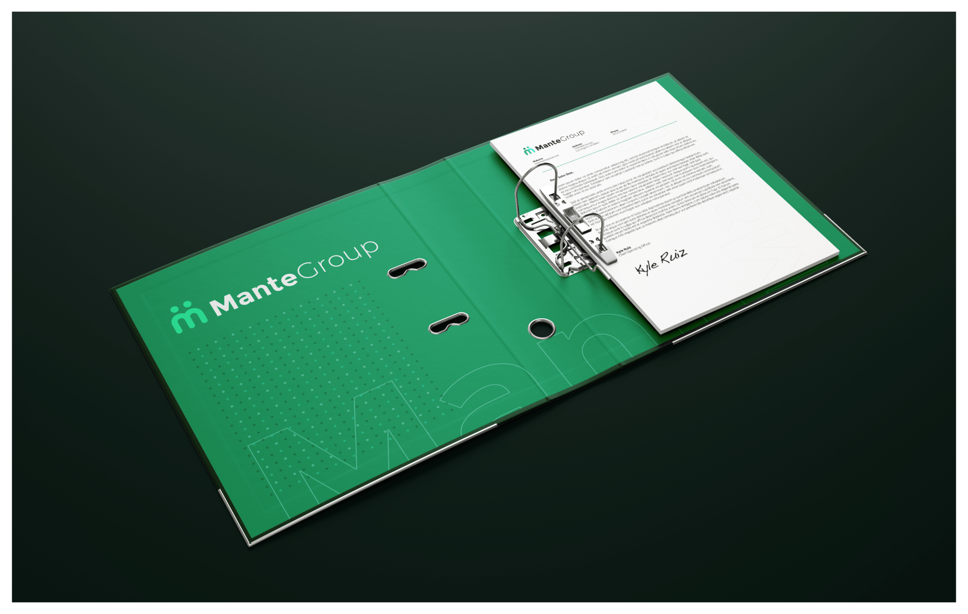 a green binder with a piece of paper in it .