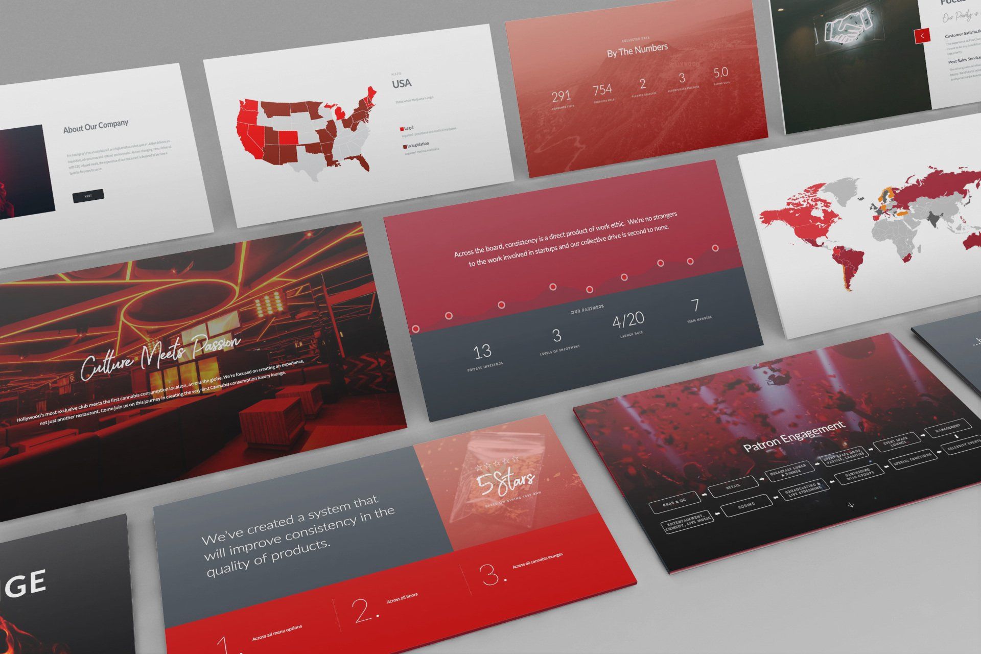 a bunch of red and black cards are laying on a table