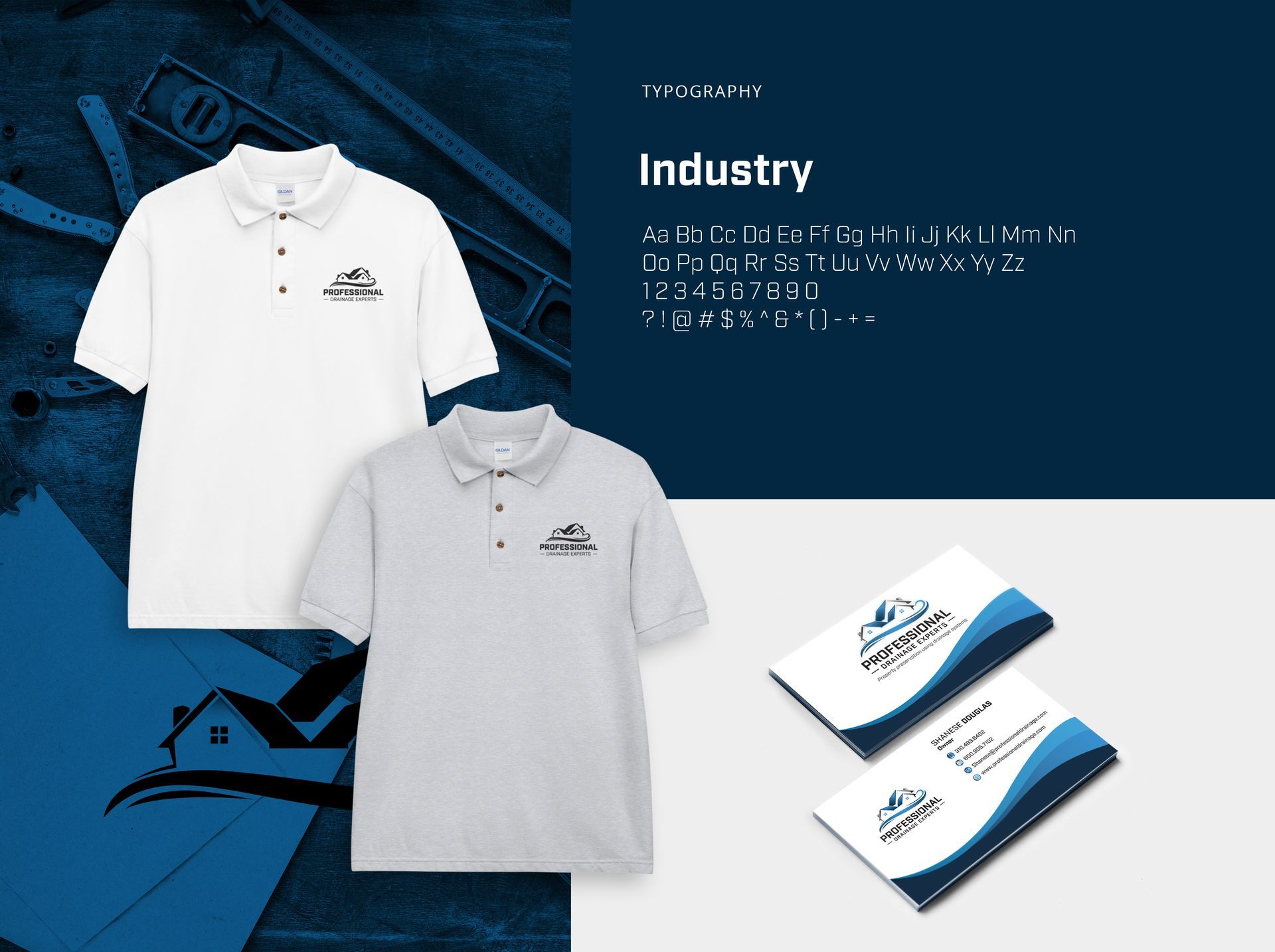 Two polo shirts and business cards with a construction logo. The background has a dark blue graphic and tools.
