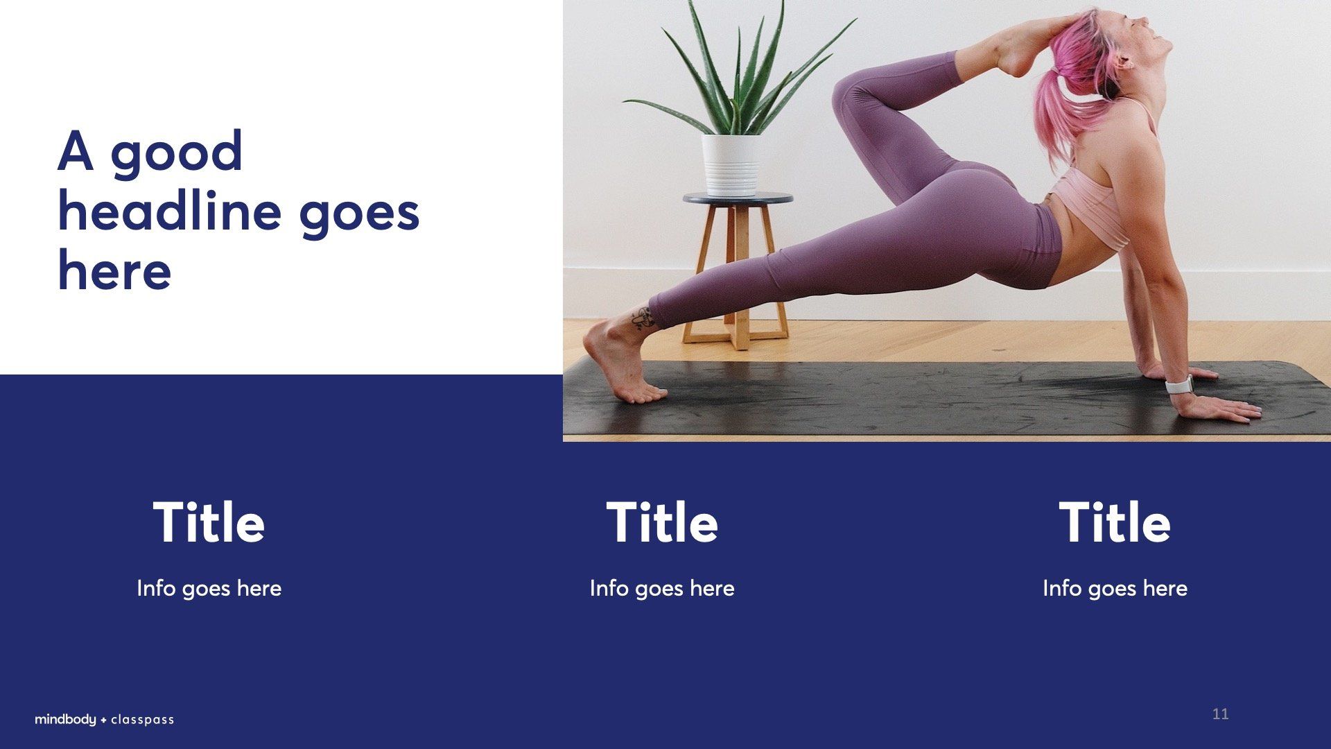 Woman in yoga pose on mat, text on blue background.