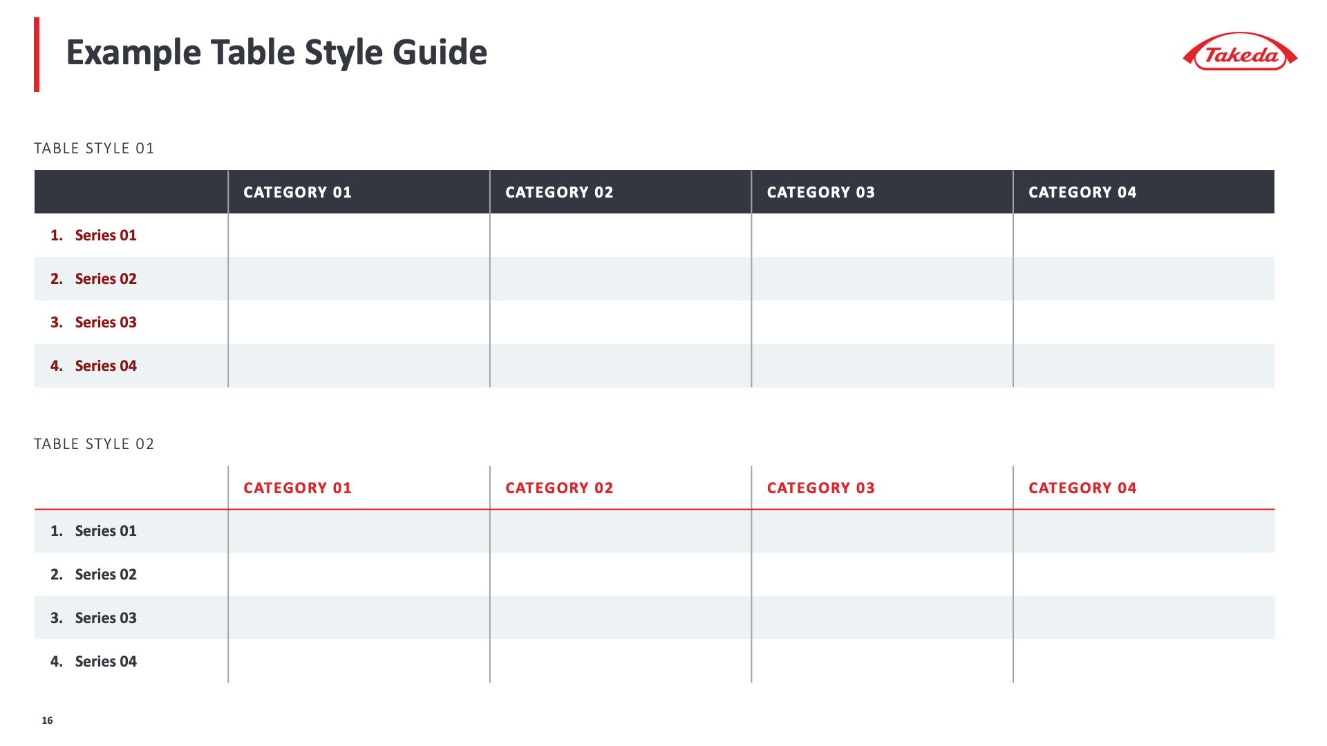 Example table style guide with header and data rows, with dark and light-colored rows.