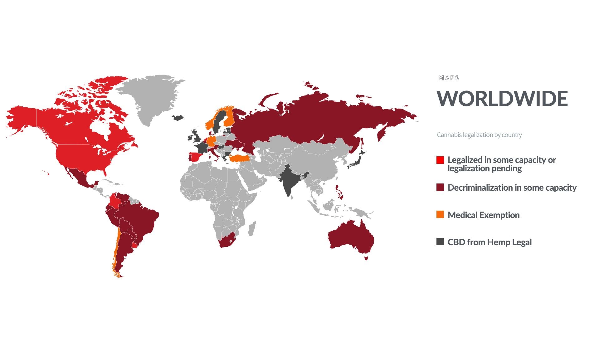 World map: Areas with legalized/decriminalized cannabis, suspected corruption, and more, highlighted in colors.