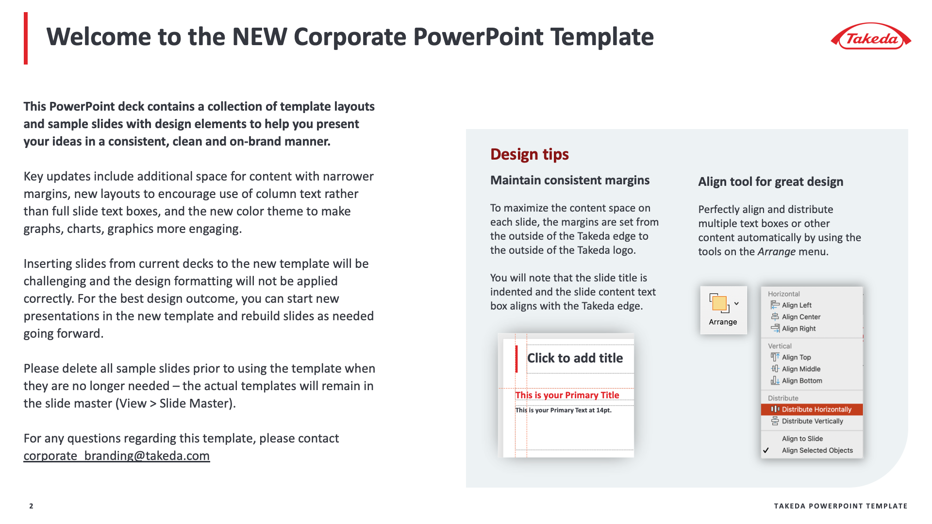 PowerPoint template welcome screen with design tips and alignment instructions.
