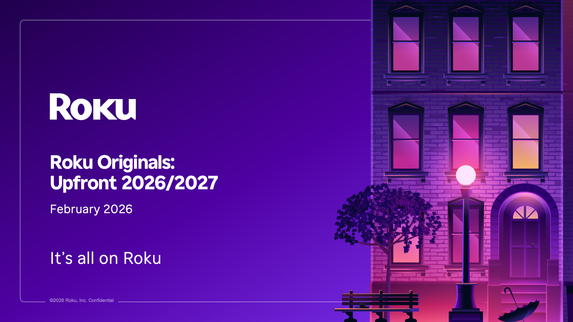 A purple background with Roku branding, 