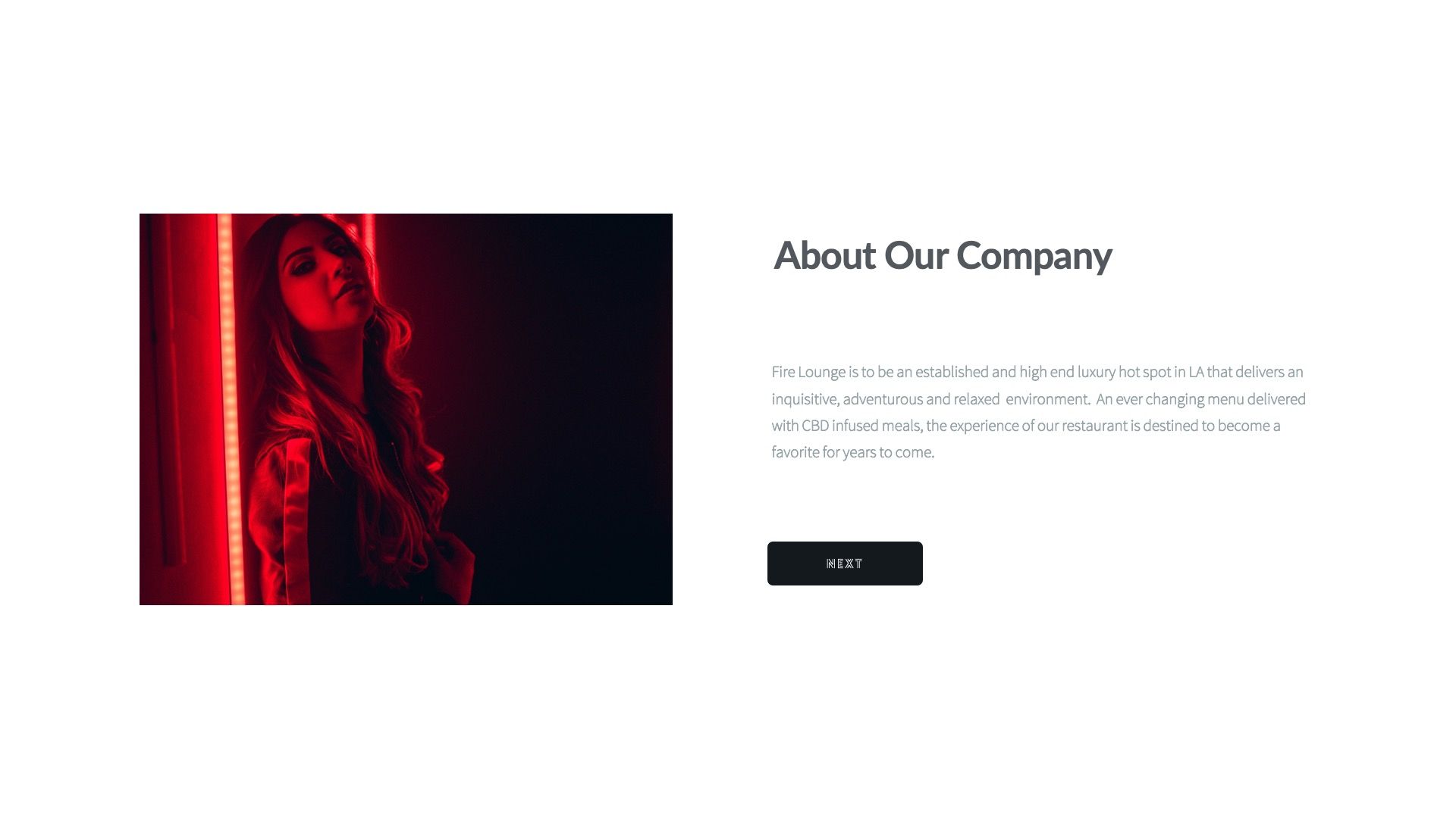 Woman in red neon light next to company description and button.