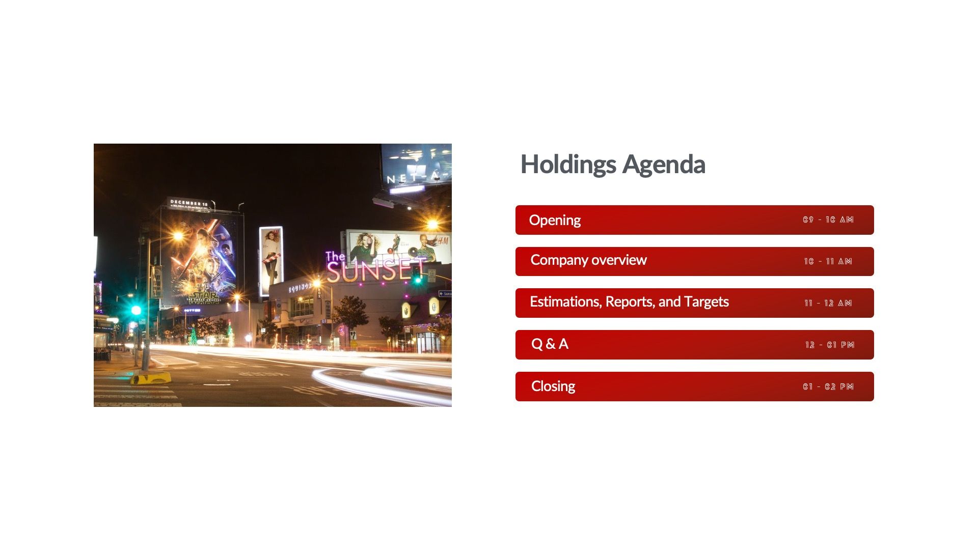 Nighttime cityscape with illuminated signs, and an agenda list on a white background.