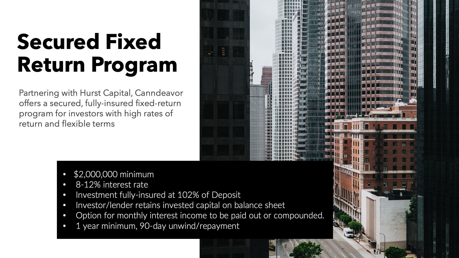 a poster for a secured fixed return program with a picture of a city .