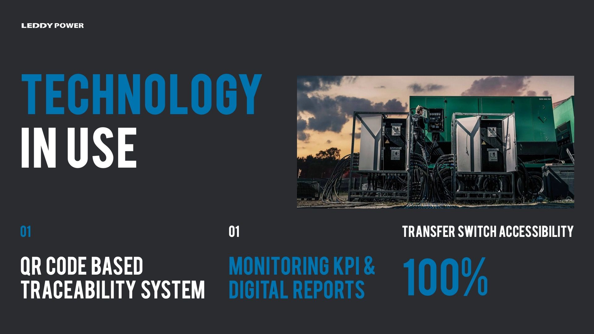 Technology in use: QR code traceability and digital reports on power transfer switch accessibility (100%).