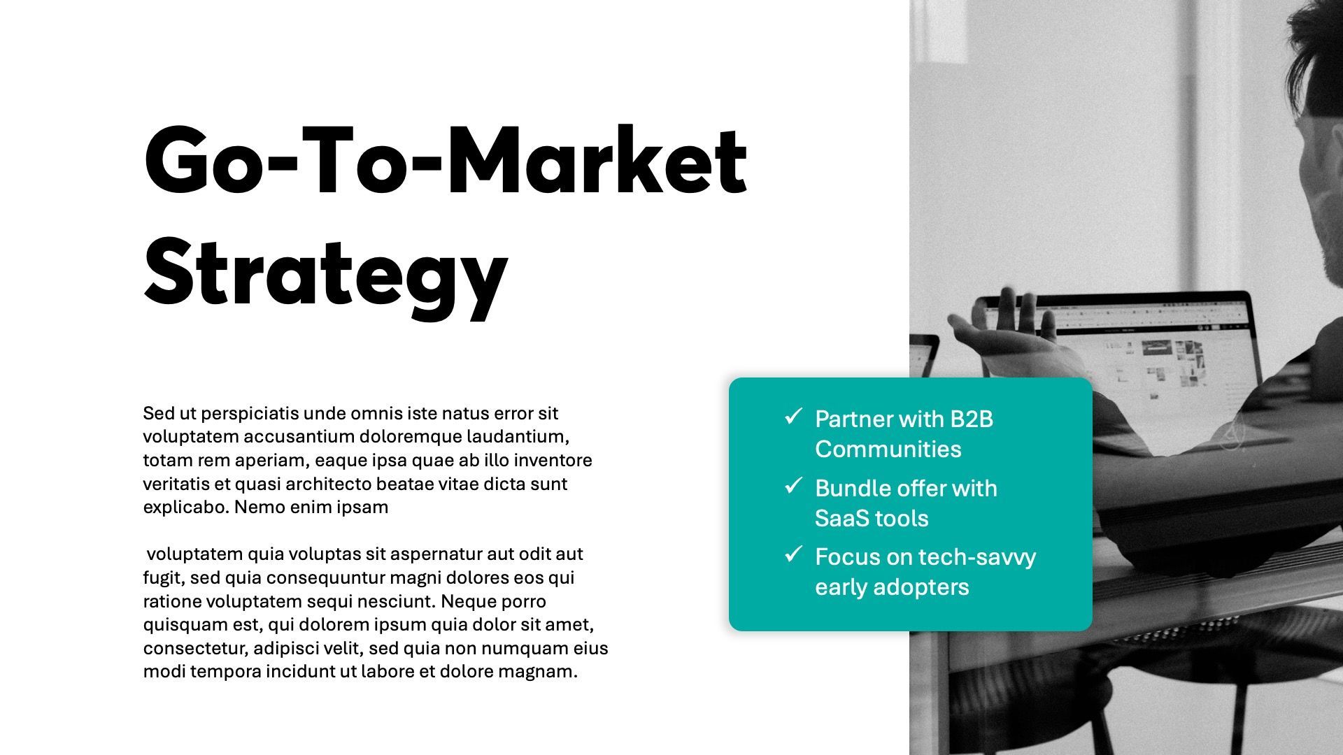 Go-To-Market Strategy slide with text and a teal bulleted list next to a photo of a person at a desk.