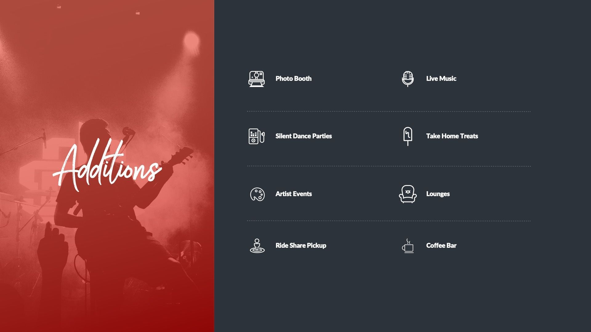 Red-toned graphic with a guitarist silhouette and a creative direction