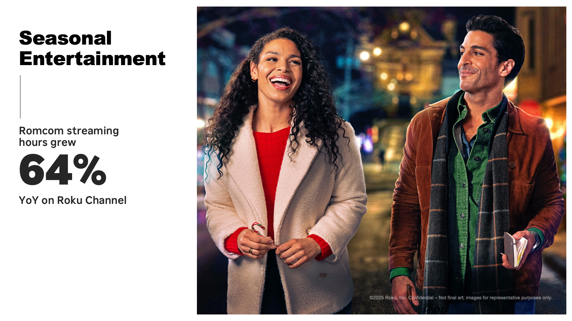 A couple laughs together on a street at night. Text reads: 