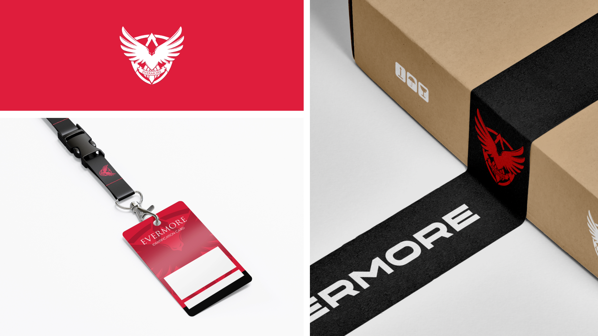 Red and white logo with wings and a shield. Also, a lanyard and box tape with the same logo and branding.