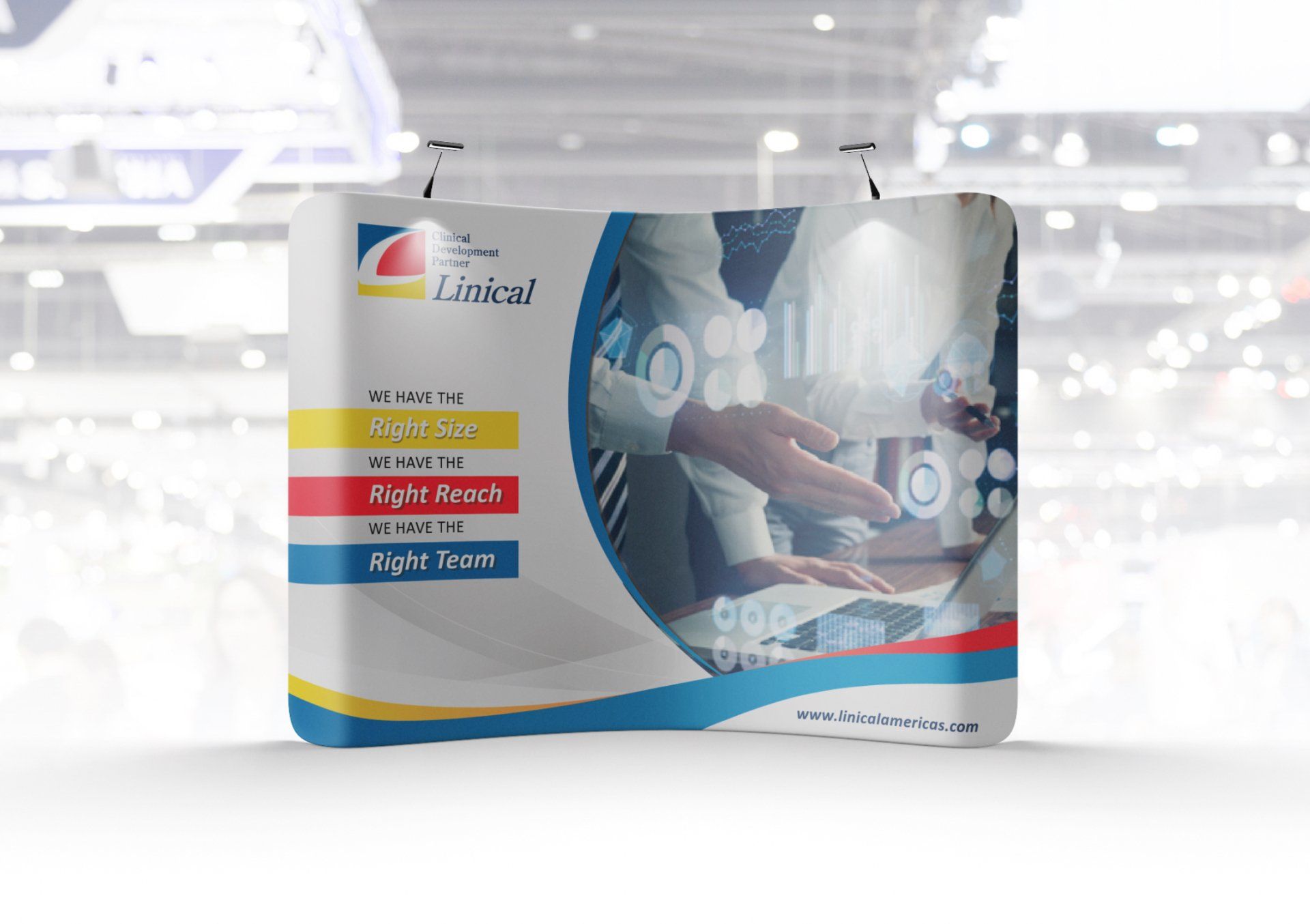 a display stand with a picture of a man using a computer .