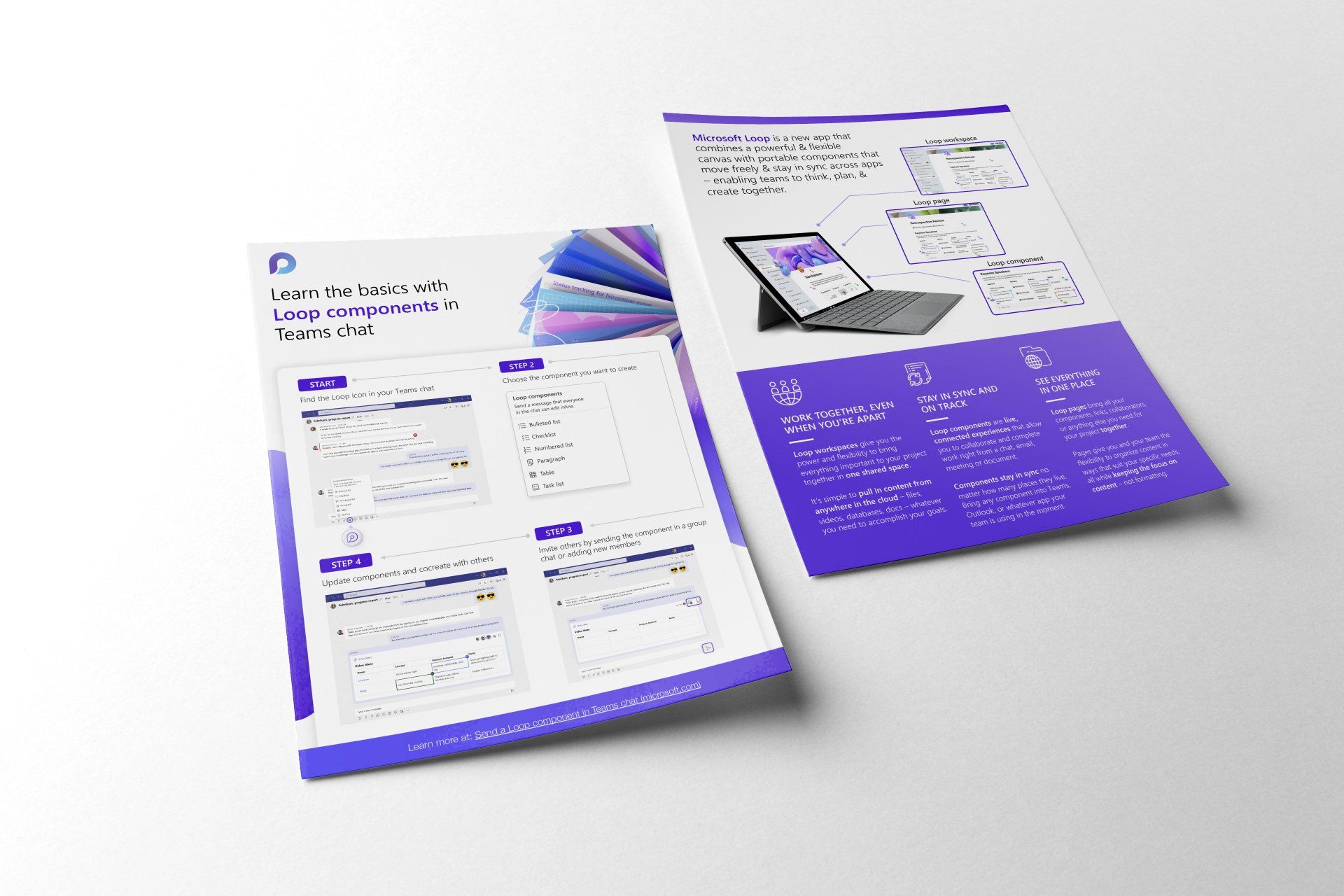 two purple and white brochures are sitting on a white surface .