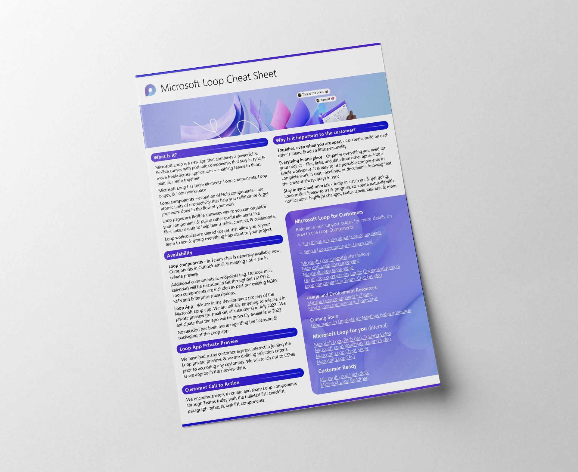 a purple and white flyer is sitting on a white surface .