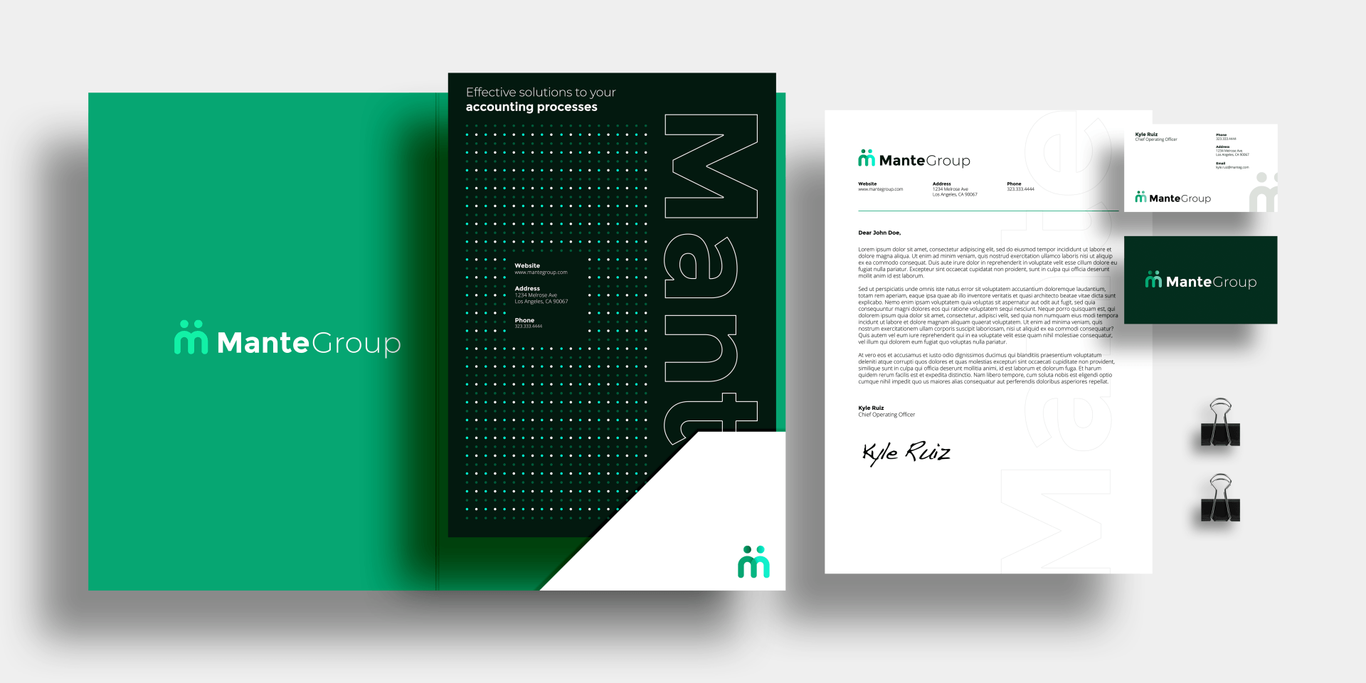 a set of business cards , a letterhead , and a folder with the word manta on it