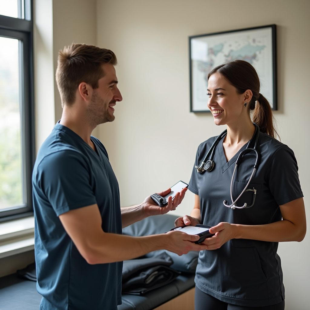 Two medical professionals, smiling, exchanging a device in a brightly lit room with a window and framed artwork.