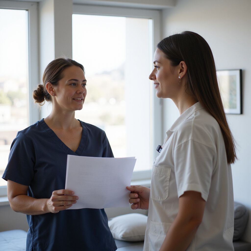 Two women in medical attire discussing papers in a room with a window and a sofa.