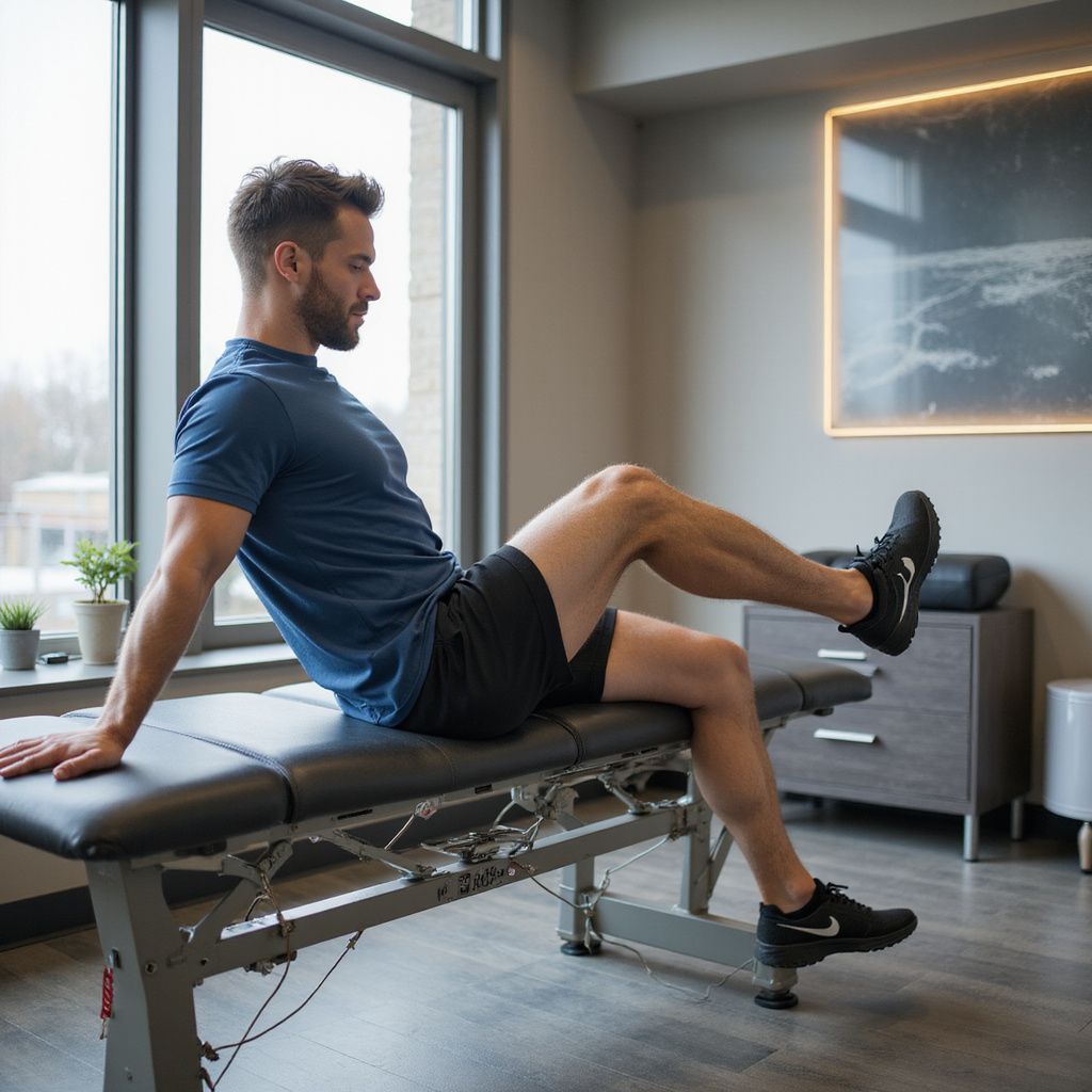 Man doing leg exercise on a table in a therapy room, lifting leg.