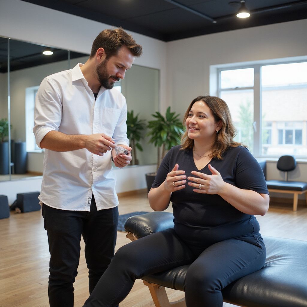A man in a white shirt and a woman in black clothing sit in a room, the man holding a small object and talking.