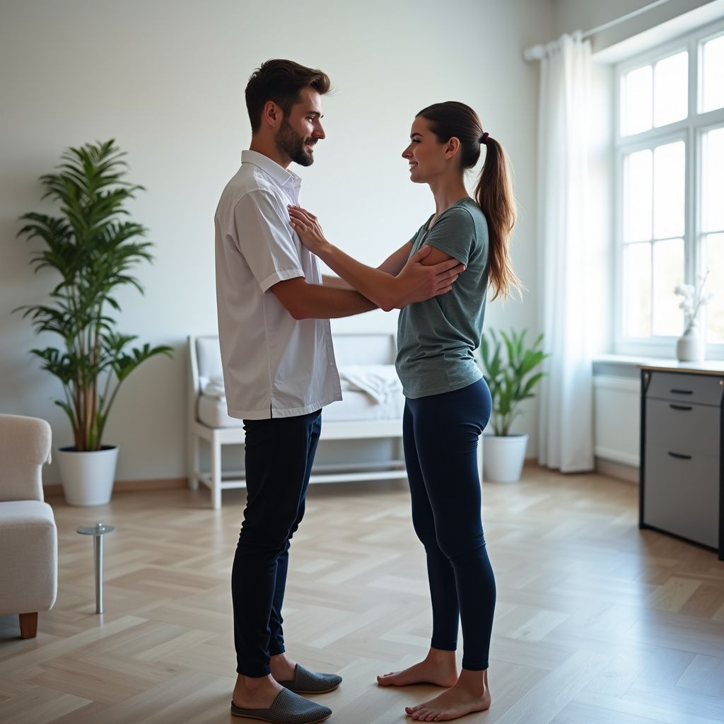Couple embraces indoors, looking at each other. Man in white shirt and dark pants, woman in green shirt and leggings.