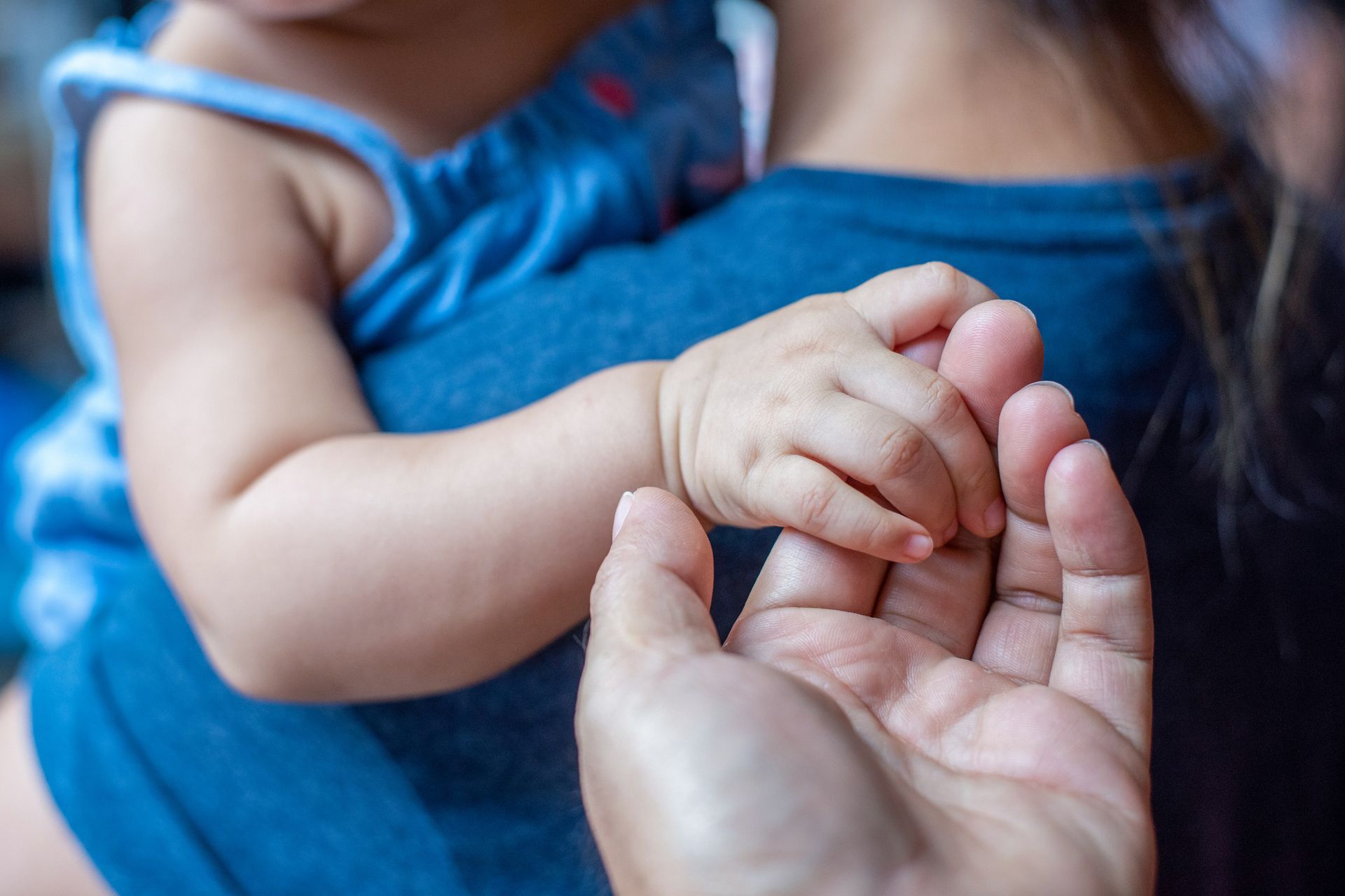 A baby's hand clasps an adult's hand, both hands are partially visible, the baby is wearing blue.
