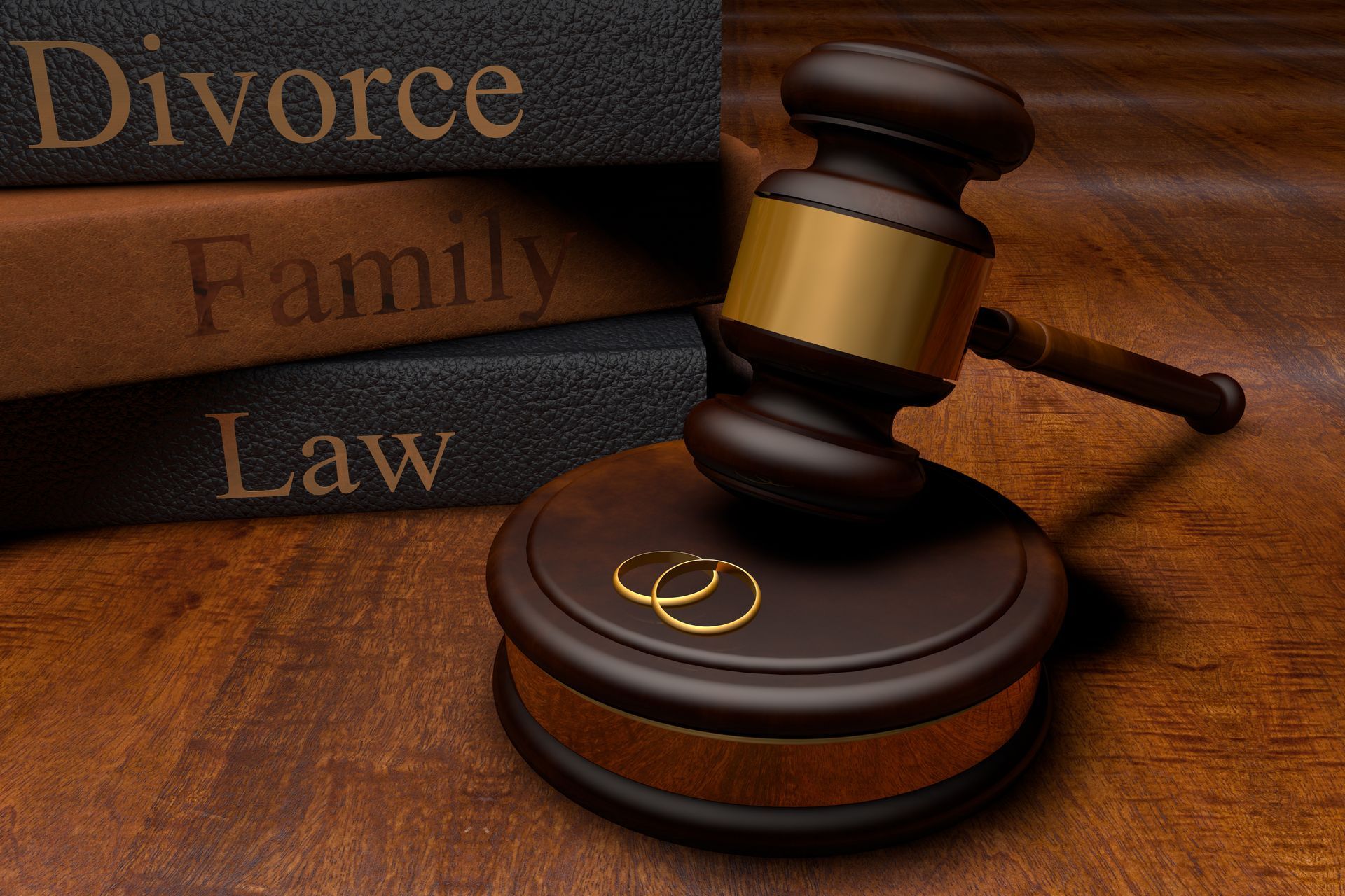 Gavel on sound block with books on Divorce and Family Law.