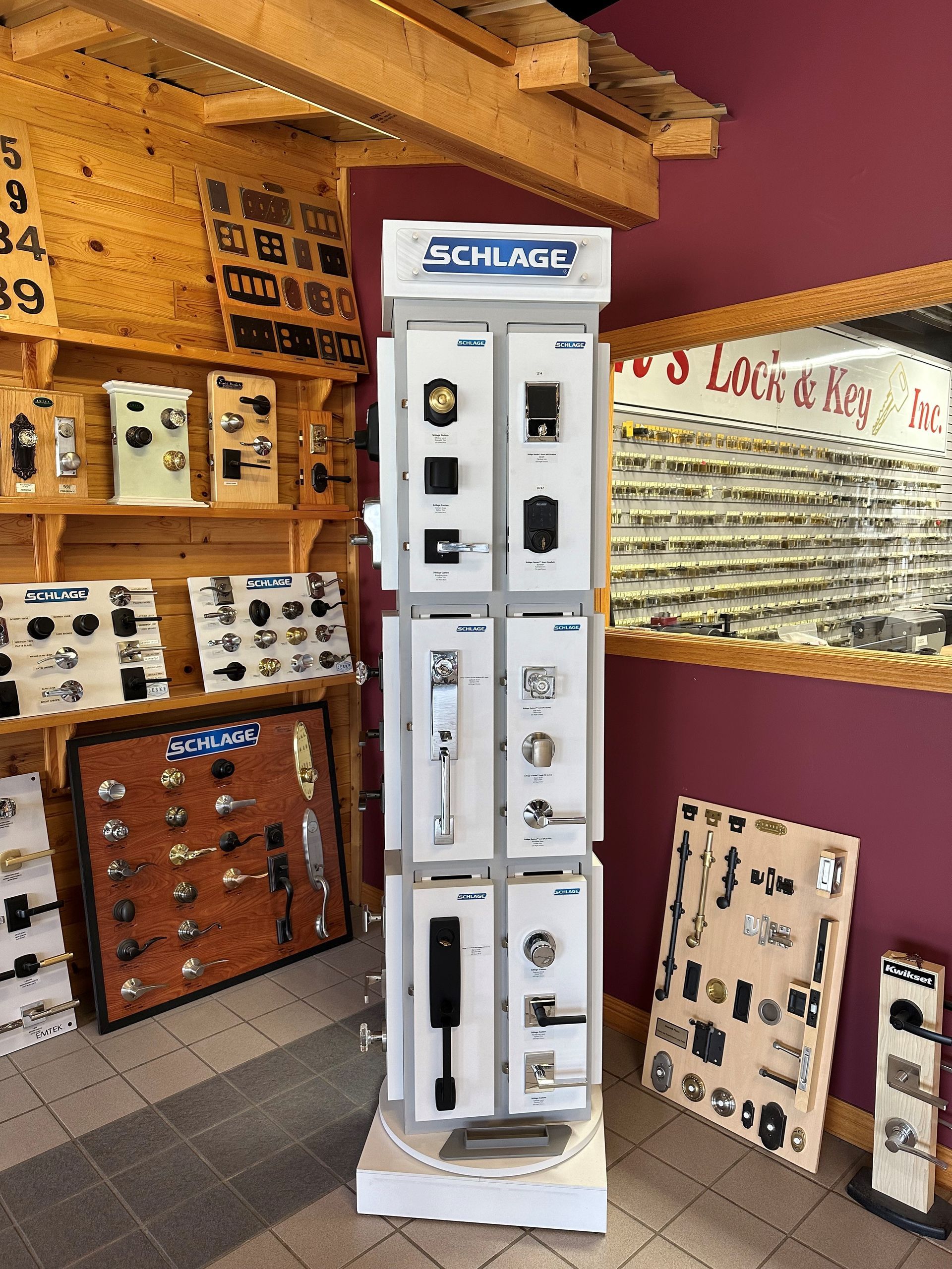 A display of door knobs and locks in a store.