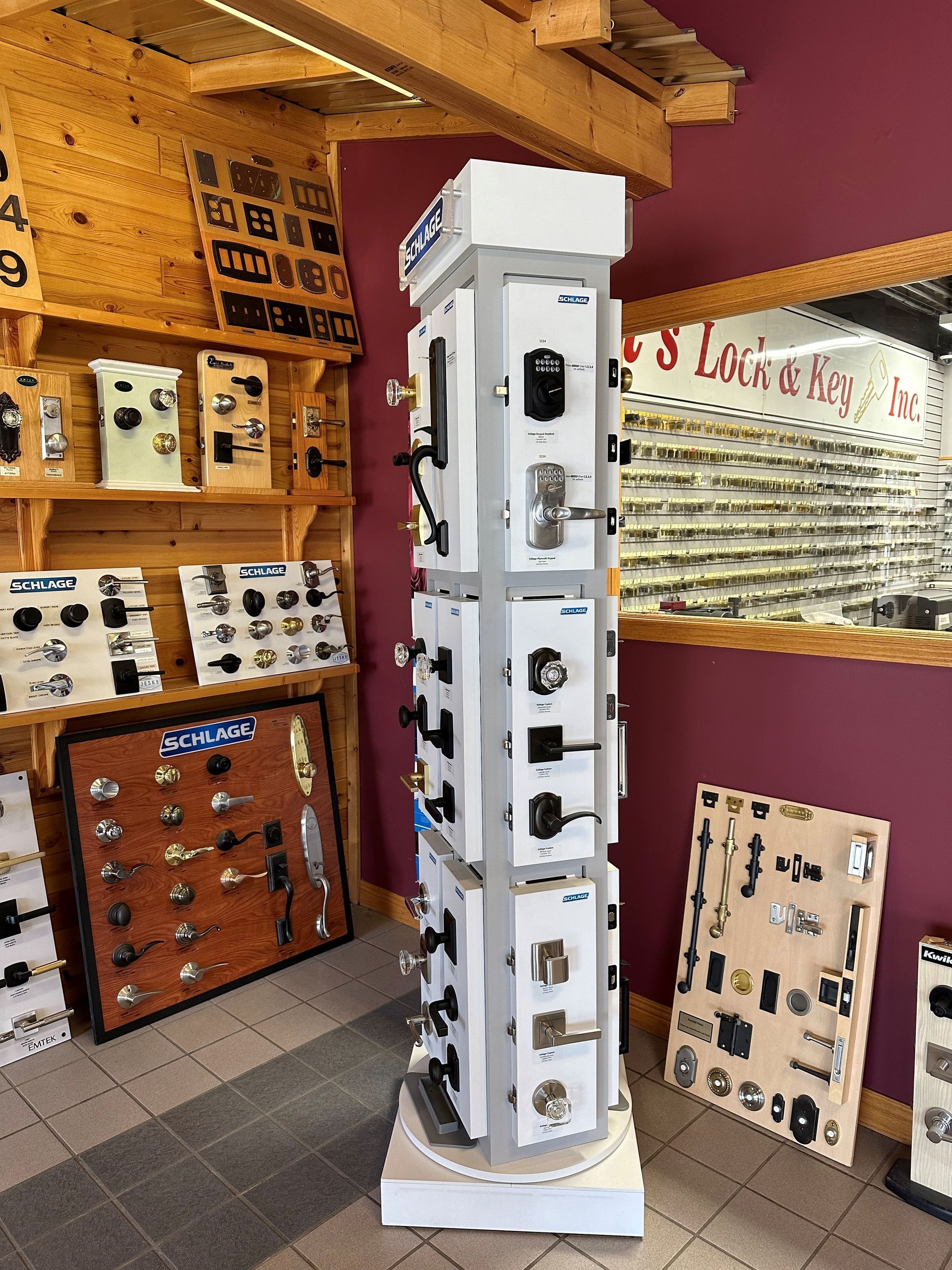 A display of door knobs and locks in a store.