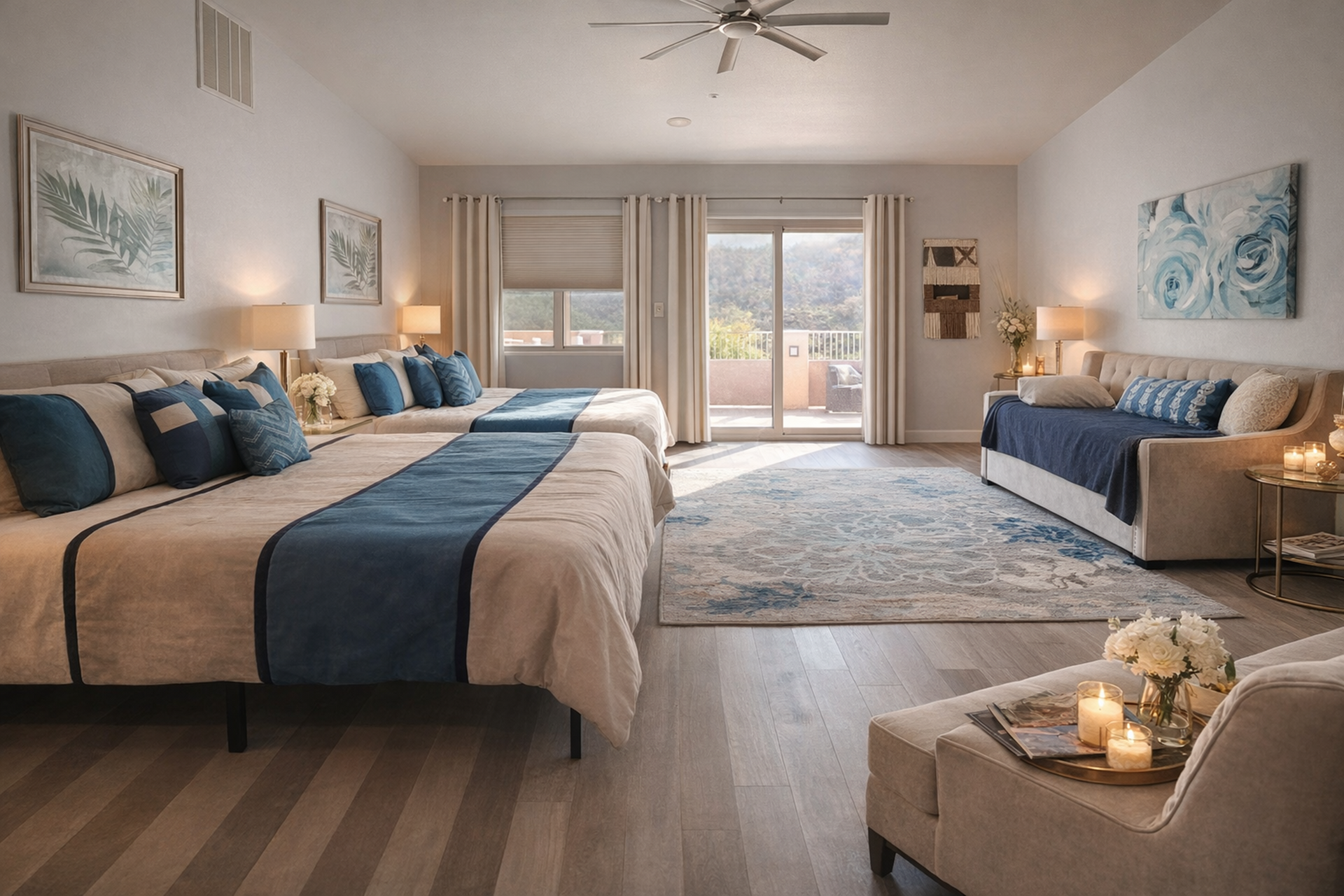 A bedroom with two beds , a couch and a ceiling fan.