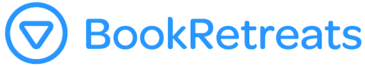 BookRetreats logo with a blue downward triangle in a circle.