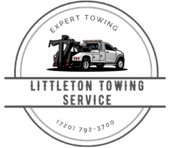 The brand logo with the words expert towing is shown above a tow truck with the brand name, Littleton Towing Service, below.