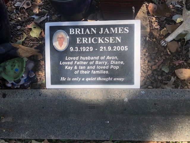 Headstone for Brian James Ericksen with his name, dates, and family details.